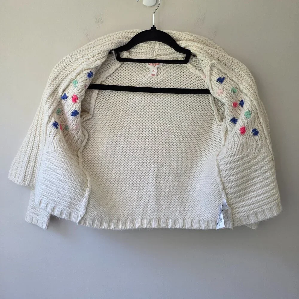 CAT & JACK Open Front Cardigan | Girl's 4T | Cream Knit Pom Poms Cotton Blend